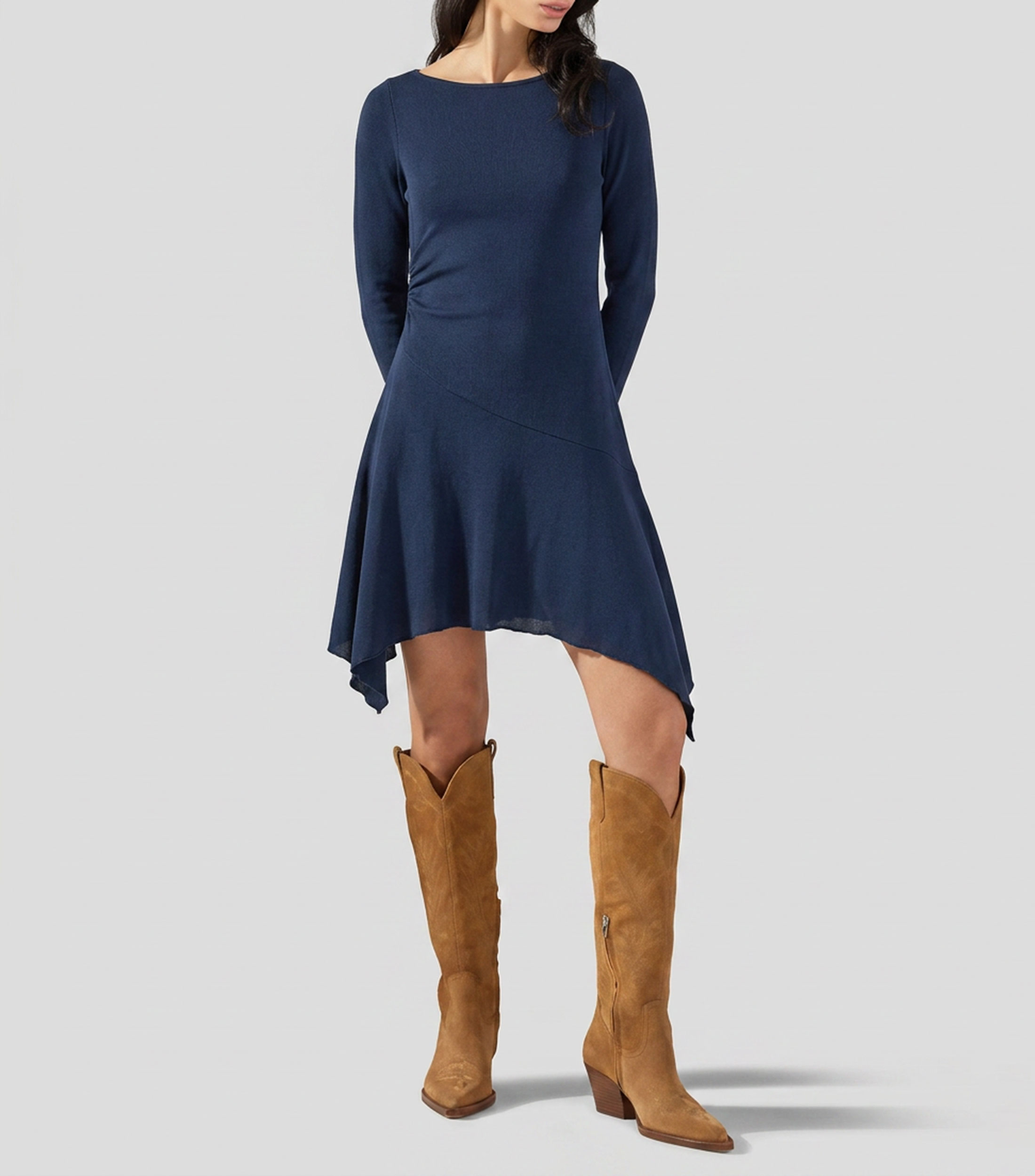 Vestido midi manga larga liso Mujer